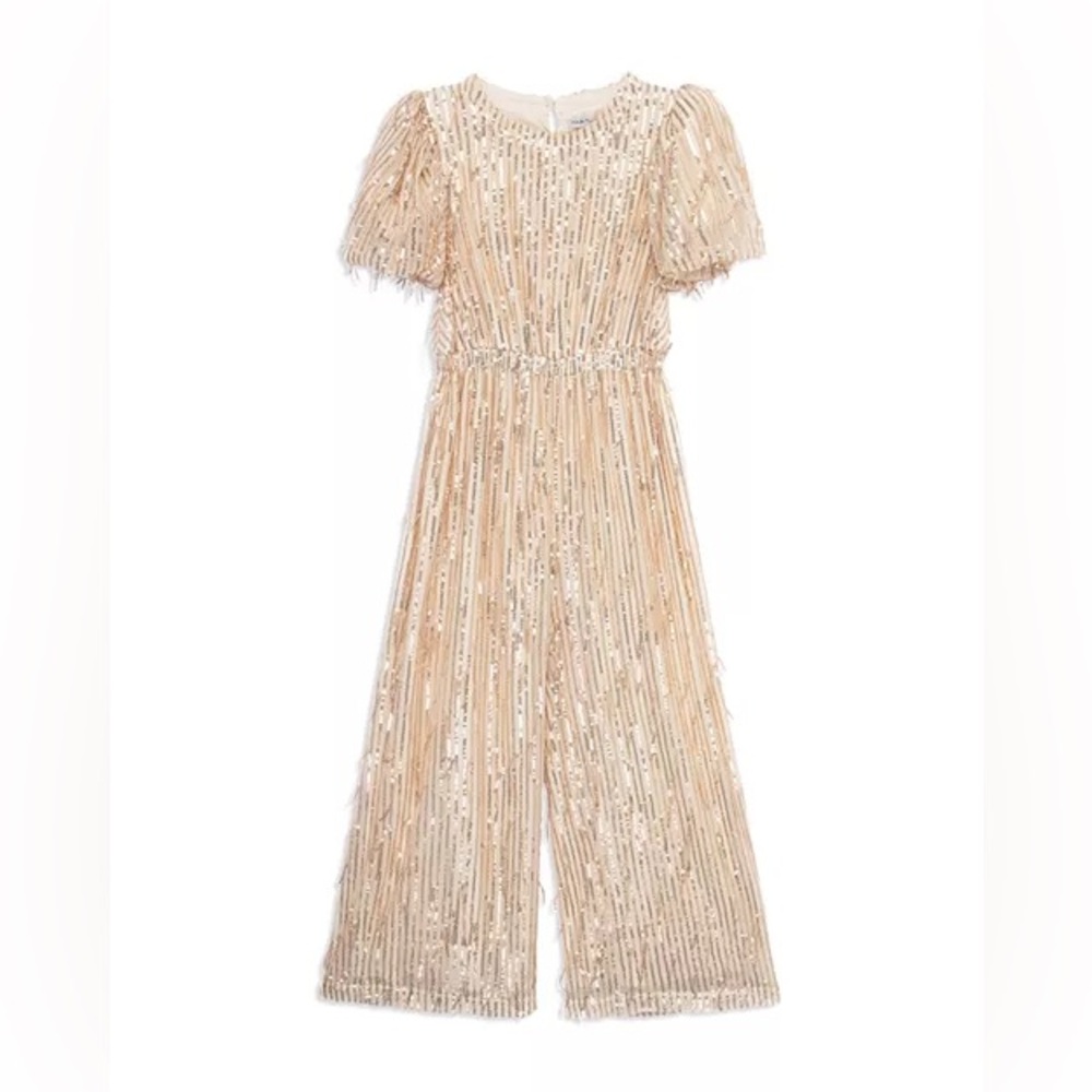 Habitual Kids Girls’ Puff Sleeve Fringe Sequin Jumpsuit